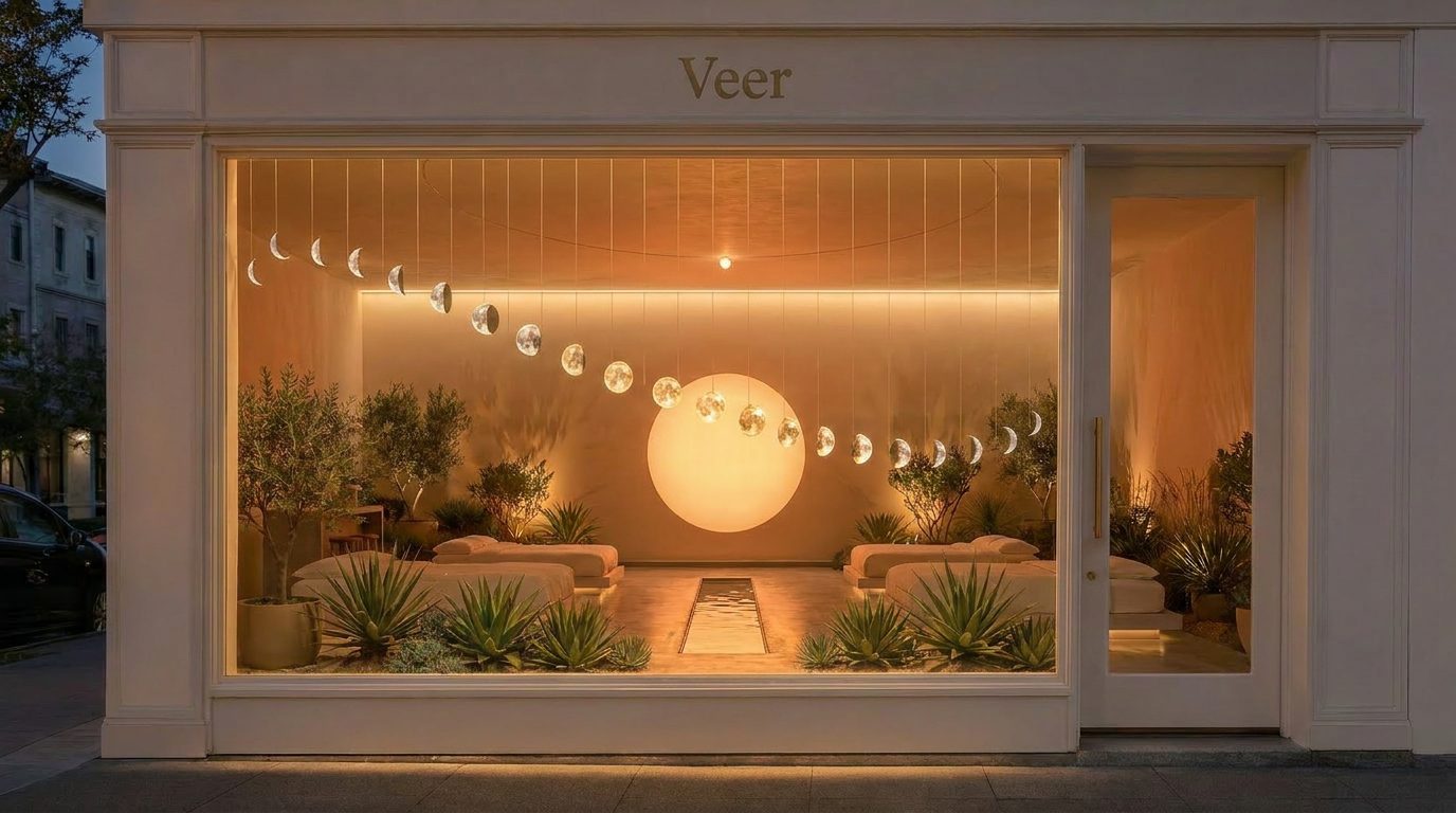 The Veer storefront at dusk, the celestial timepiece of moon phases suspended in the window, the disc glowing on the back wall