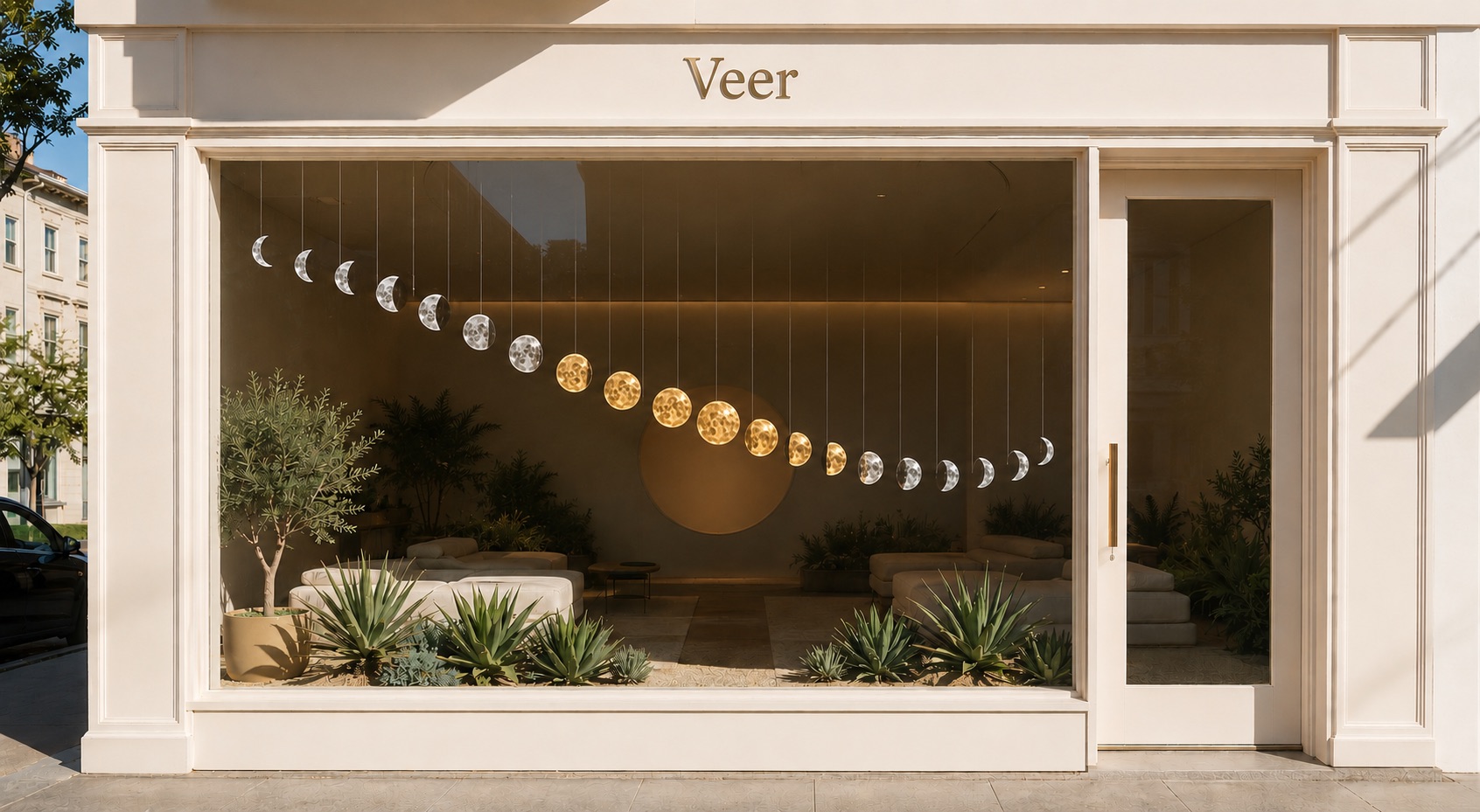 The Veer storefront in Hayes Valley, the kinetic celestial timepiece suspended in the window