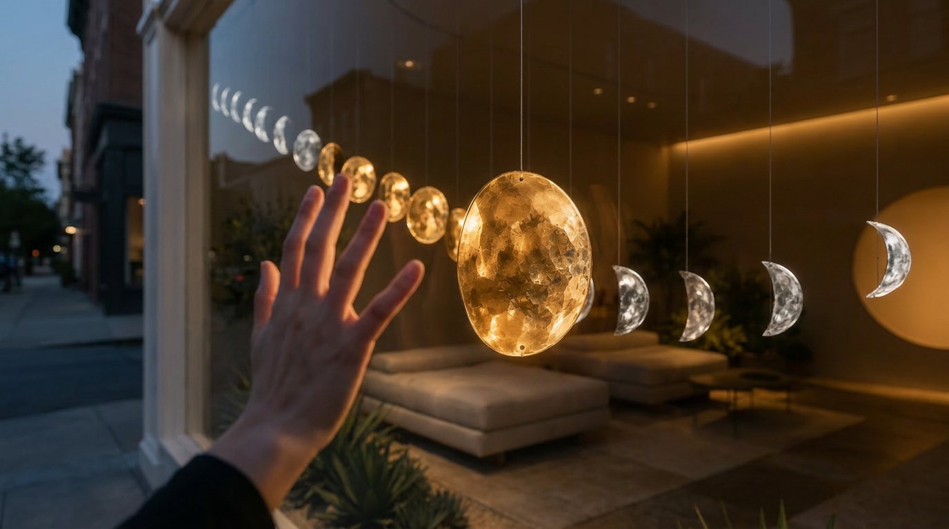 A hand raised to the storefront glass at dusk, one glowing moon disc drawn forward from the receding line of phases toward the hand