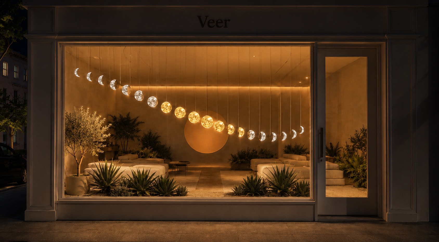 The Veer storefront window at night, the celestial timepiece continuing its slow revolution