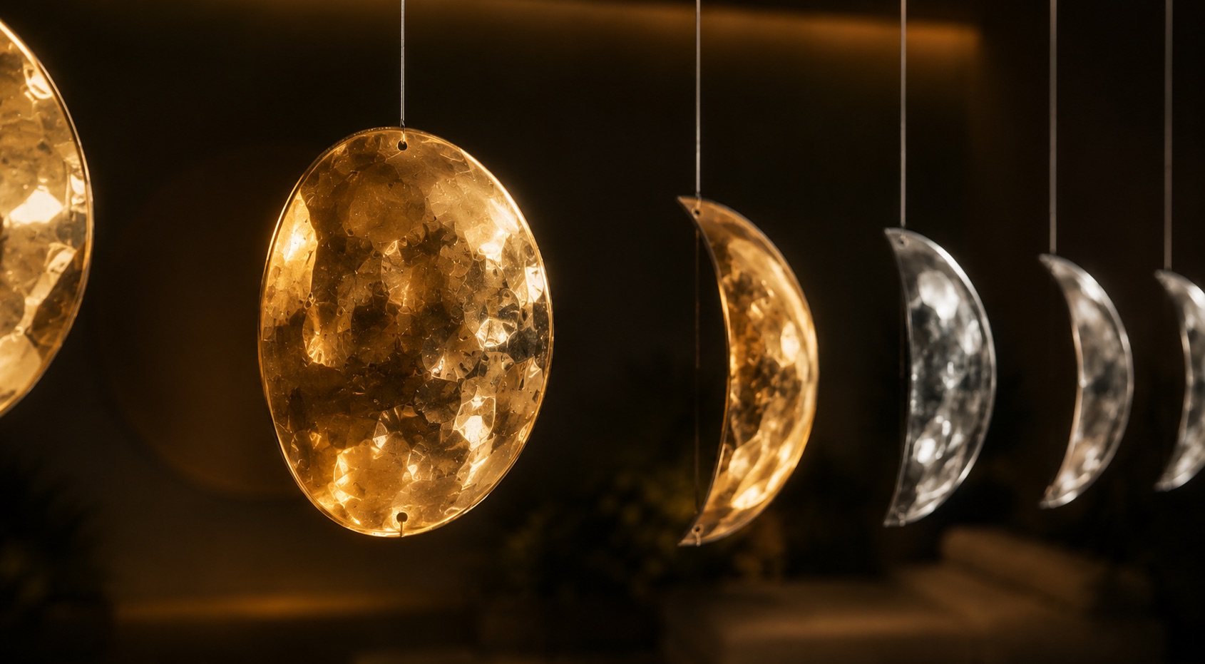 Close-up of the celestial elements, warm reflections on brushed metal surfaces