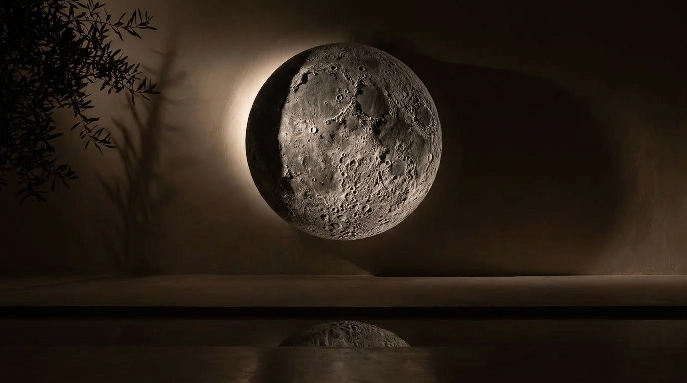 Moon state, the same disc revealed under raking light as cratered and textured