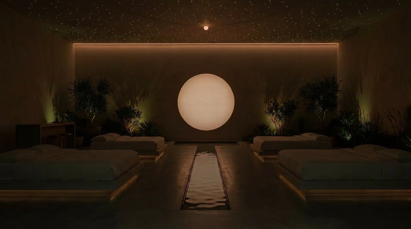 The showroom in night mode, the full moon glowing, stars on the ceiling, beds strategically highlighted