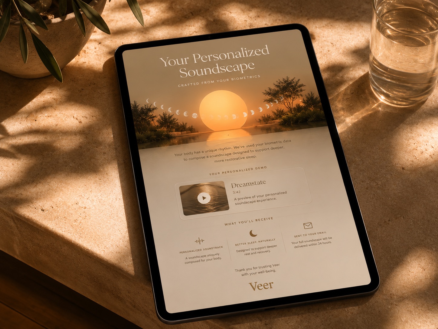 The personalised soundscape takeaway, a visual waveform built from the guest's biometric reading