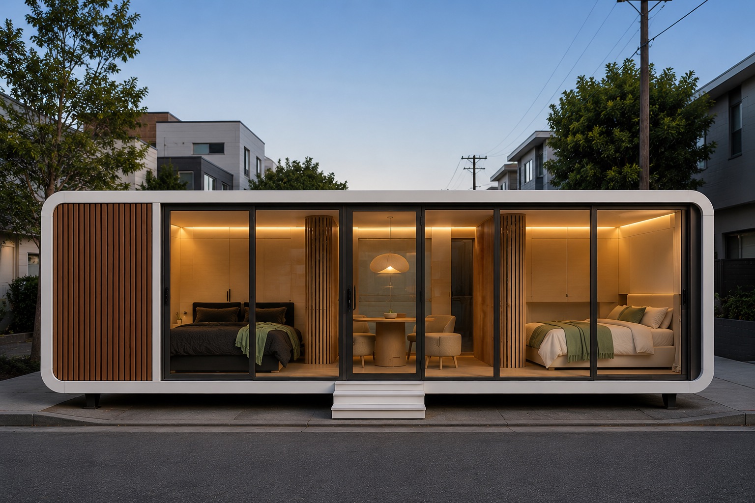 Sleep Moves exterior at dusk, glass doors open, warm interior glow