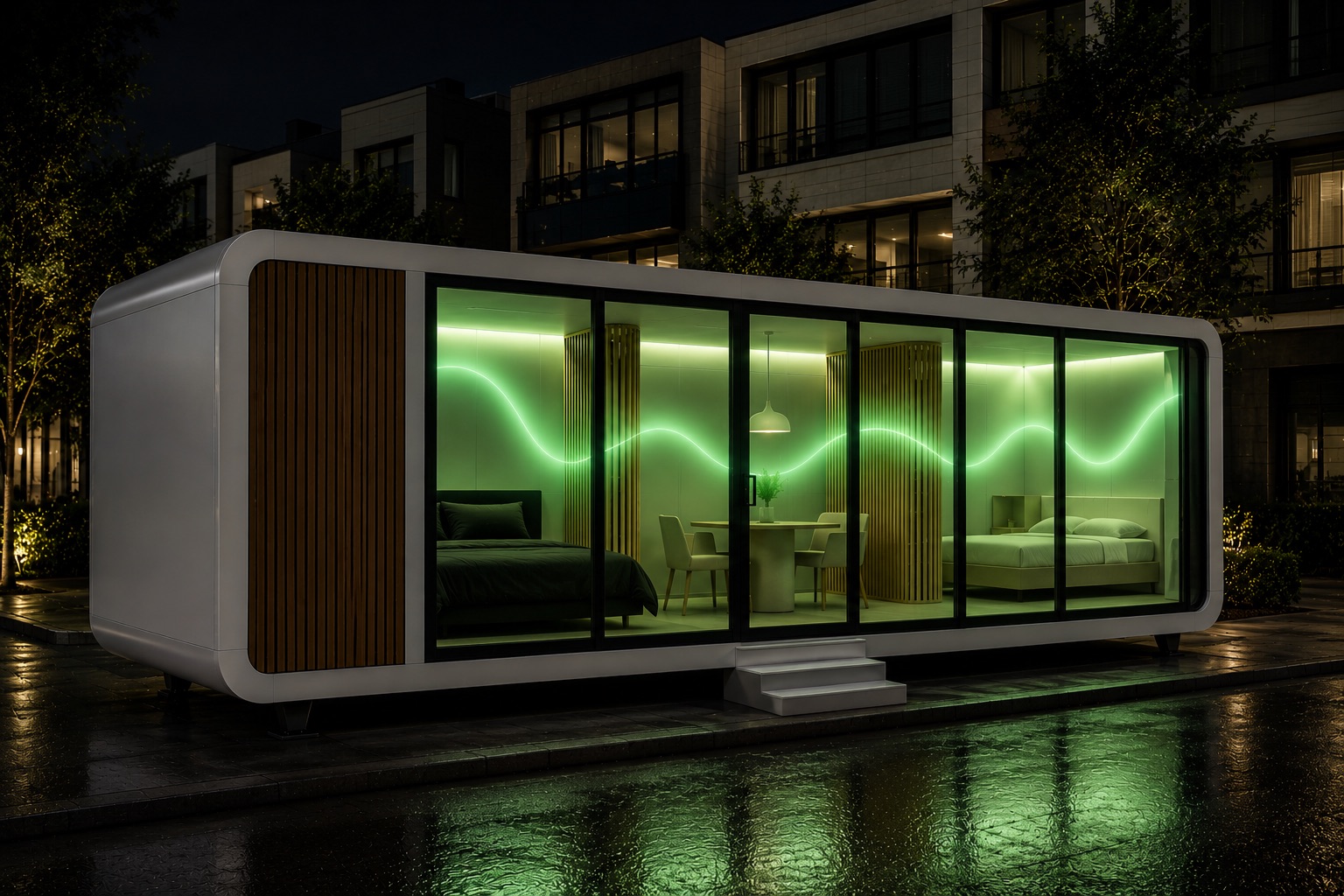 Sleep Moves at night, green biometric wave glowing on glass