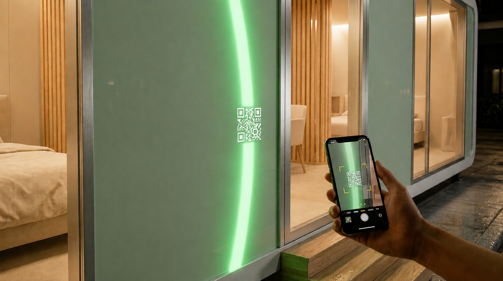 Close-up at night: a hand scans a QR code set into the glass beside the green wave