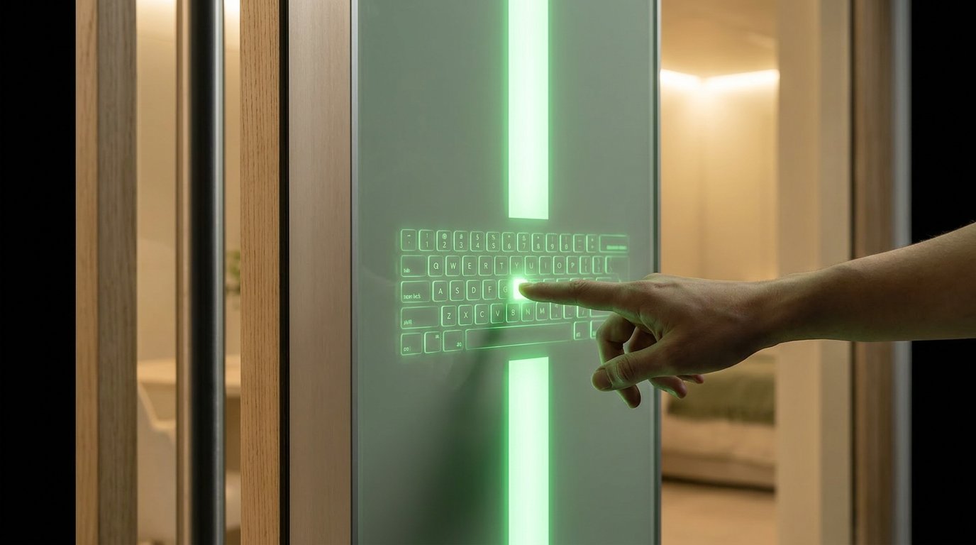 Close-up at night: a fingertip presses a keyboard of green light set into the glass