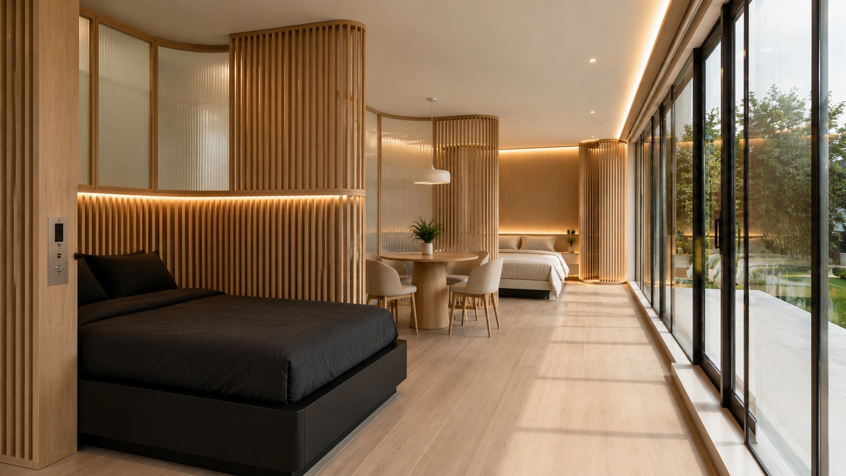 Interior: both beds, oak slat dividers, full-length view