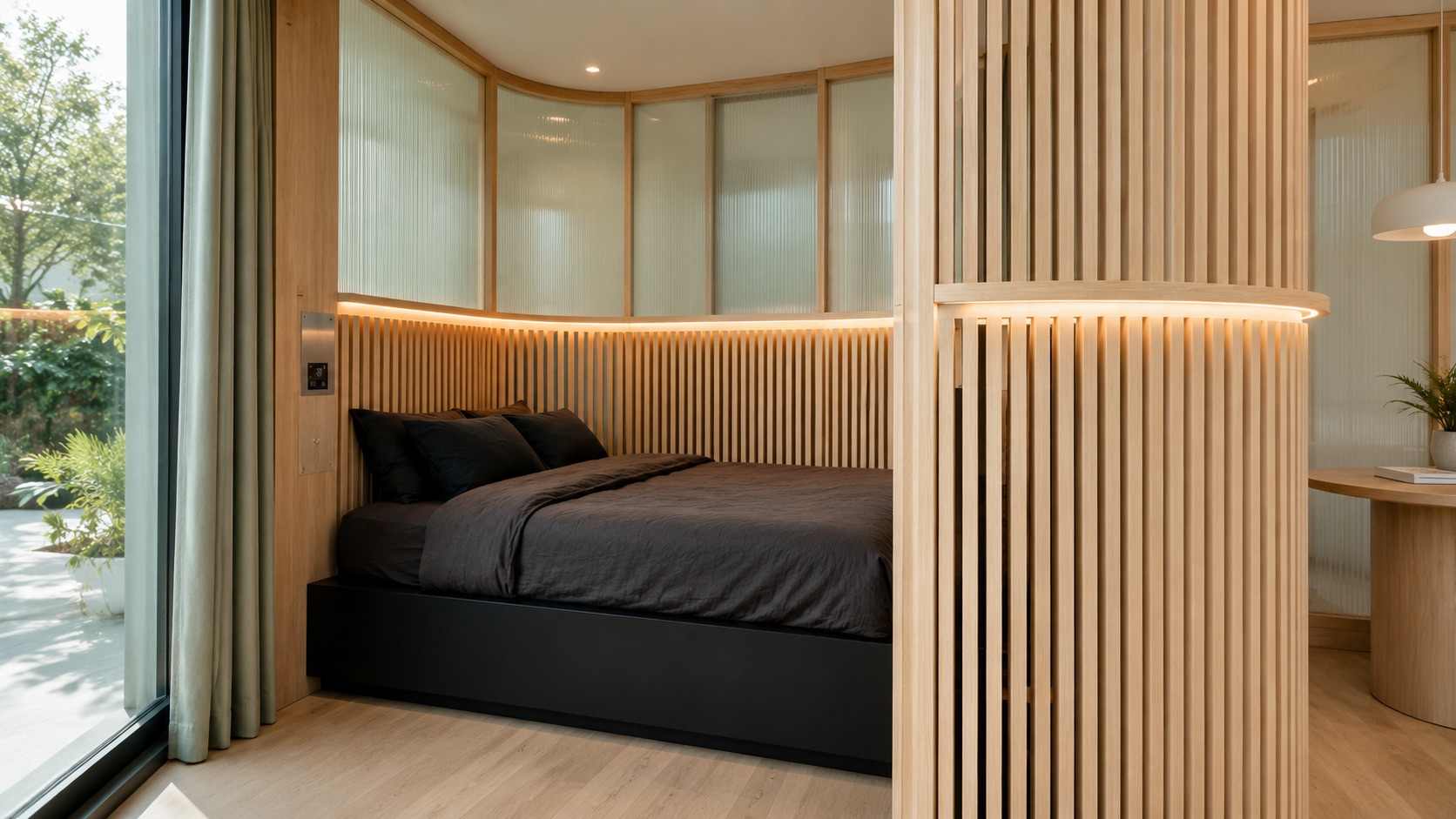 Alcove close-up: black bed, curved oak slats, warm lighting