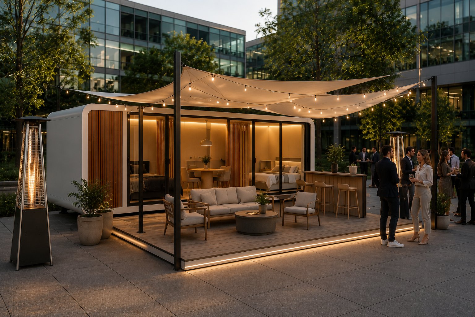 Daytime campus event: deck out, lounge seating and bar, guests gathered under shade sails