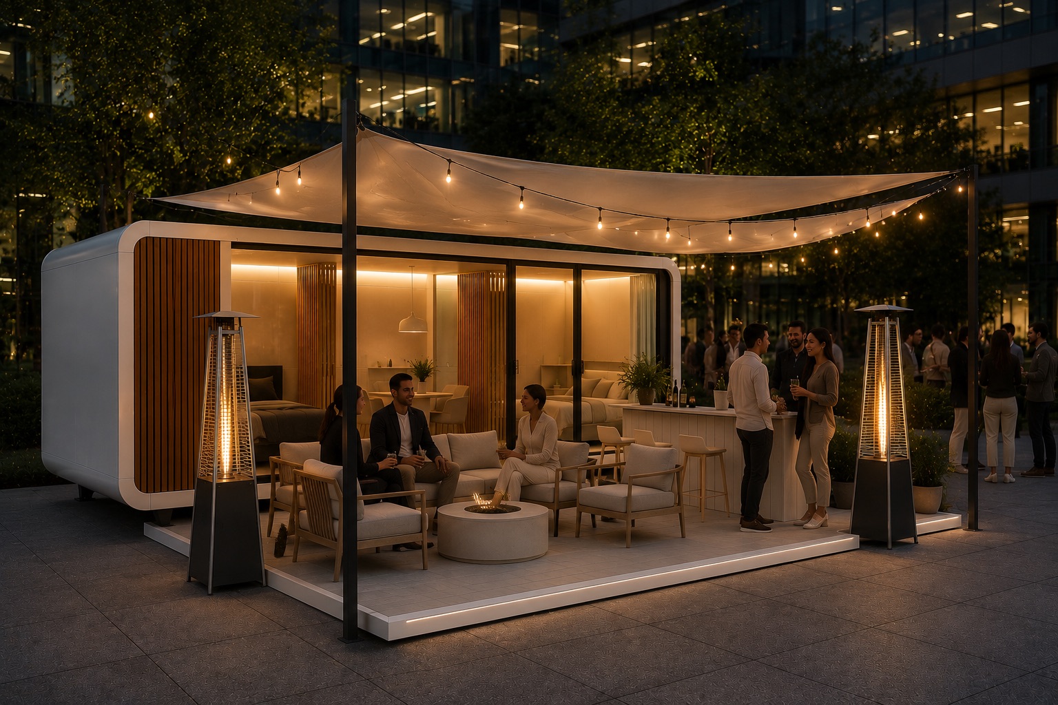 Evening event: extended deck with seating, string lights, investors gathered