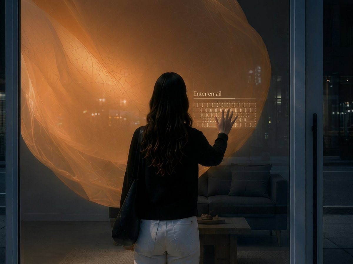 At night, a keyboard of light on the glass