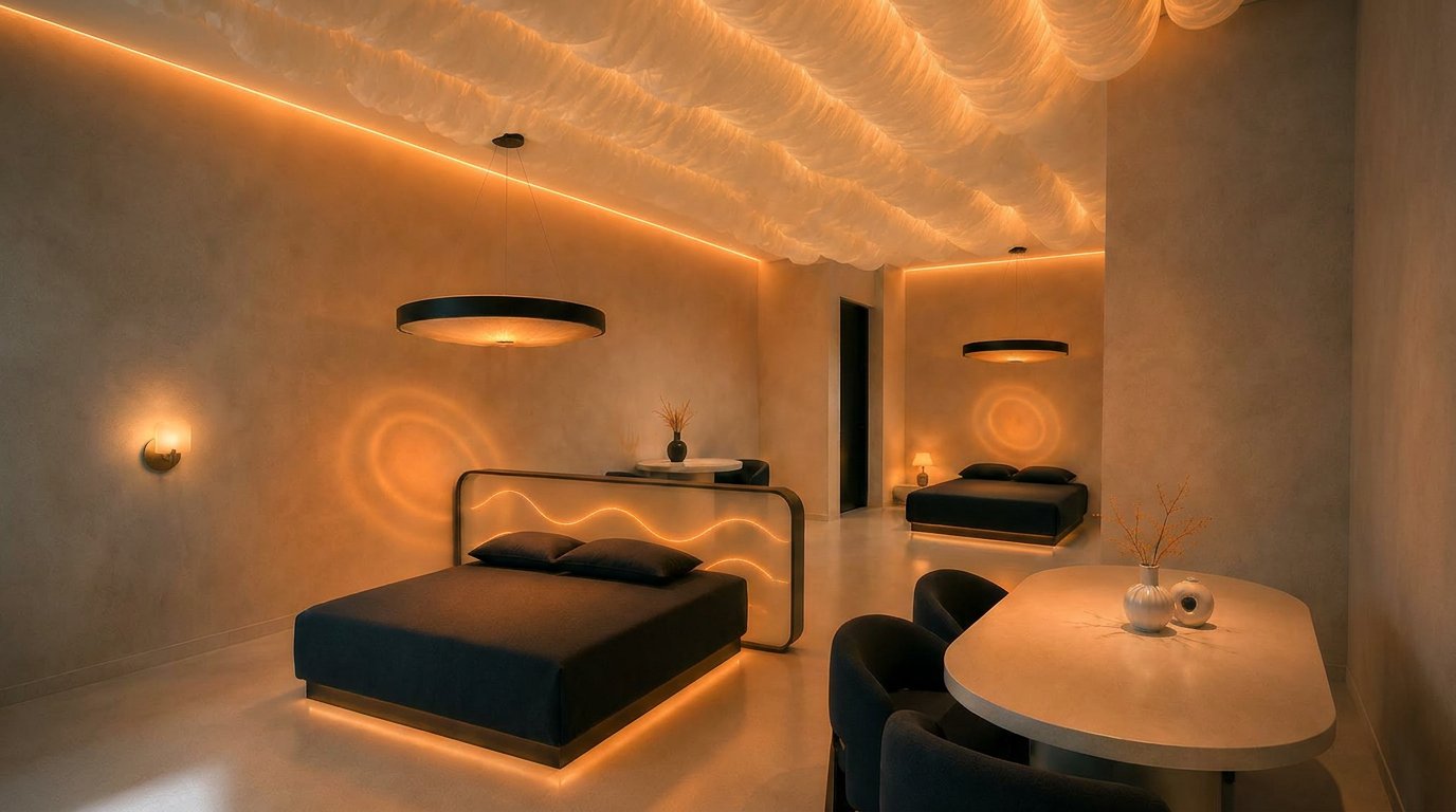 The same open room by evening