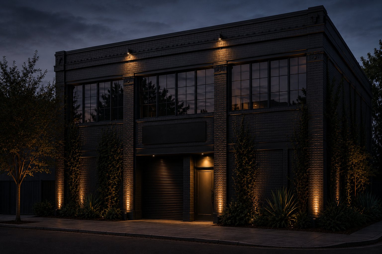 The warehouse from the street: a vast dark facade, an unmarked door