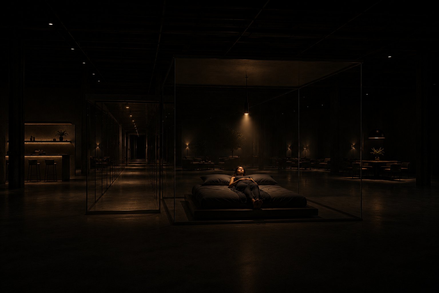 The room revealed: cloth turns clear and the scale they walked through appears around them