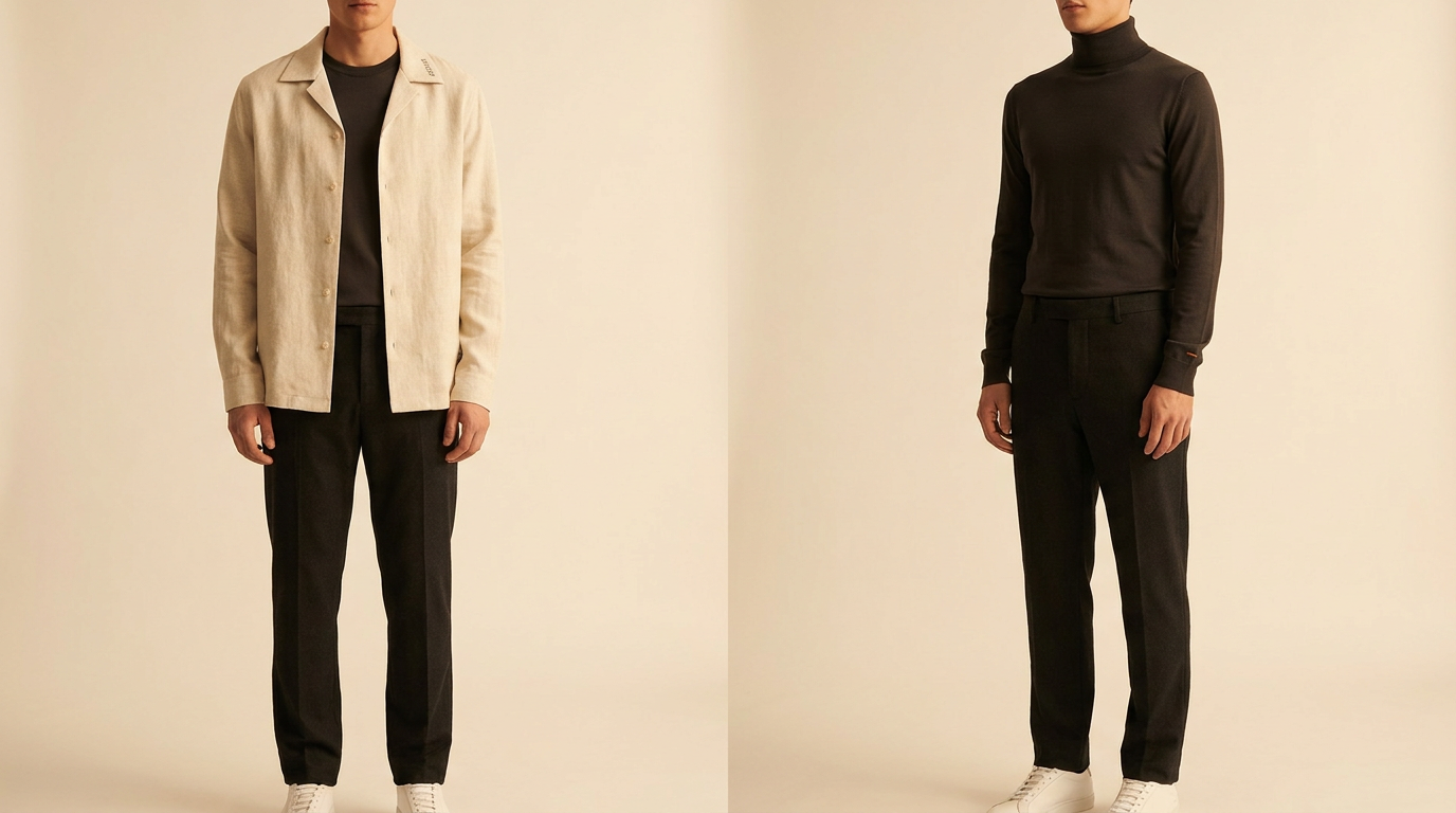 The Veer uniform, daytime and evening modes, with the embroidered Veer wordmark